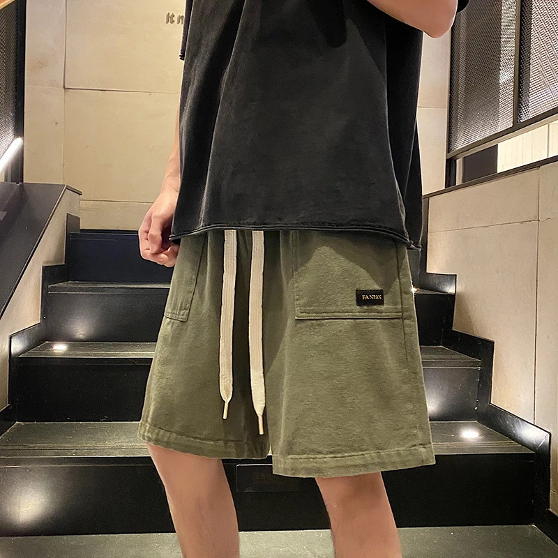 Summer Large Pockets Work Shorts Vintage Old Washed Five-minute Pants Drawstring Sports Casual Pants Green Men's Women Clothing