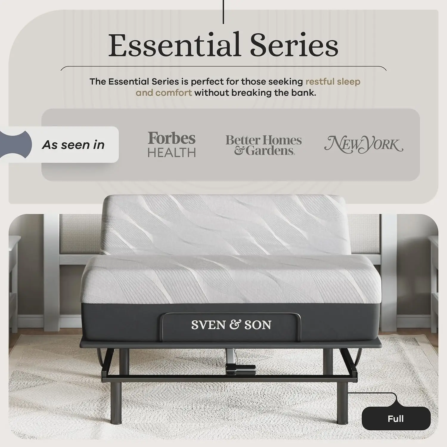 Essential Adjustable Bed Base (Frame) + 12 inch Memory Foam Matt (Medium), Easy Assembly, Head and, Customized