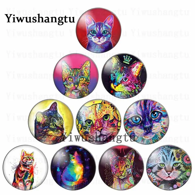 Colourful cat and head painting 12mm/20mm/25mm/30mm Round photo glass cabochon demo flat back Making findings