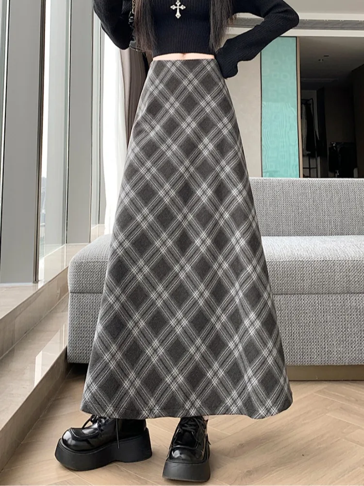 Retro Krata Wełniana Spódnica Midi w Kształcie Litery A z Wysokim Stanem Wyszczuplająca Rozmiar Plus Size dla Wysokich Kobiet Jesień Zima Koreański Styl Dojazdy do Pracy