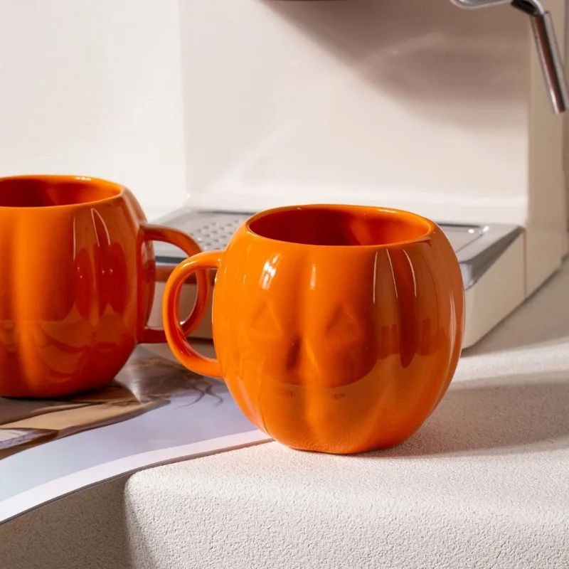 Halloween Ceramic Cup Orange Pumpkin Milk Tea Coffee Cup, Breakfast, Couple Pairing Gift Large Capacity Mug Drinkware