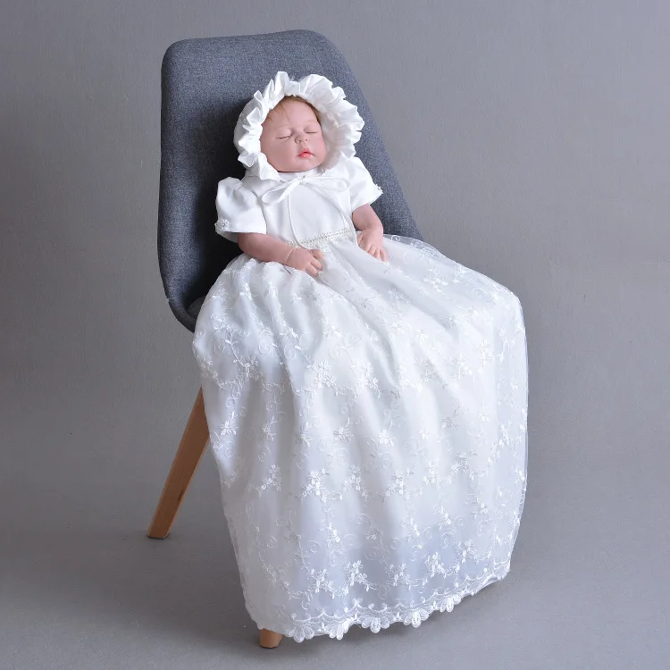 High-end White Christening Baby Girl Dress Extra Long Baby Girl Brithday Formal Baptism Clothes for 1 Year Old RBF184004