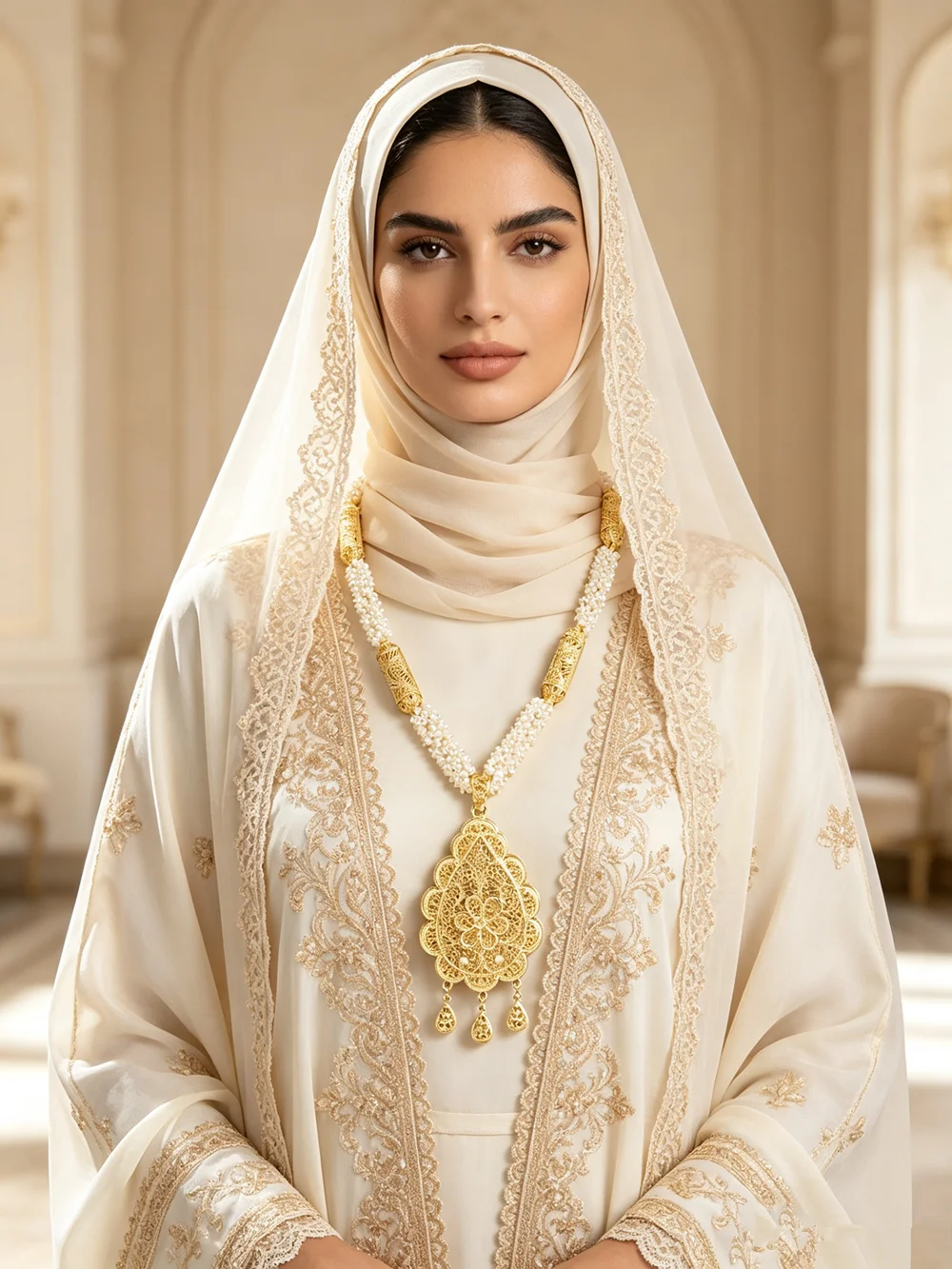 Arabian Ethnic Handmade Beaded Necklace Double Layer Tear Drop Edge Bridal Pendant Classic Jewelry