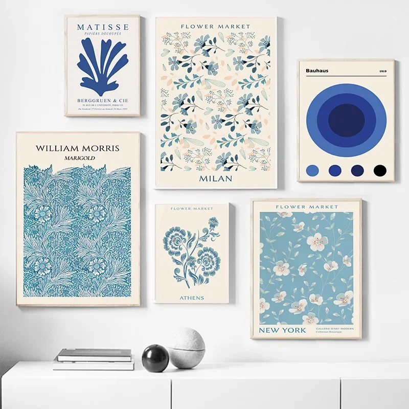 Frameless canvas paintings,Blue Abstract Poster William Morris Matisse Bauhaus Flower Market Wall Art Canvas Prints Painting Pic