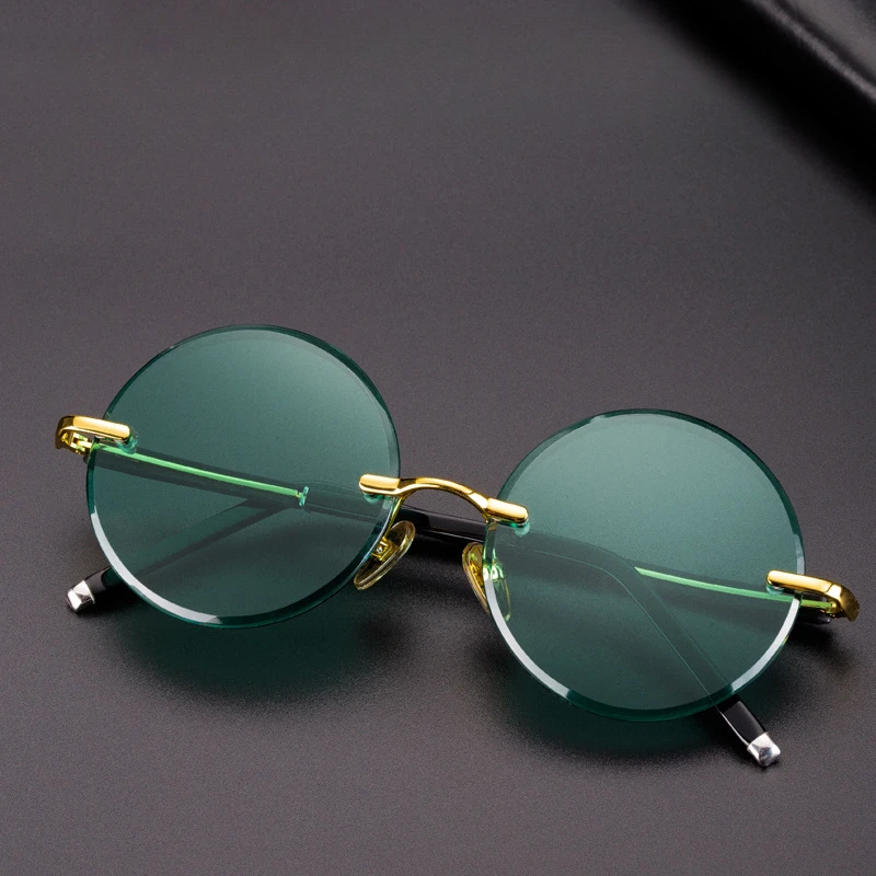 Dark Green Crystal Sunglasses High-quality Retro Round Frameless Alloy Trendy Men and Women Outdoor Fashion UV400 Sun Glasses