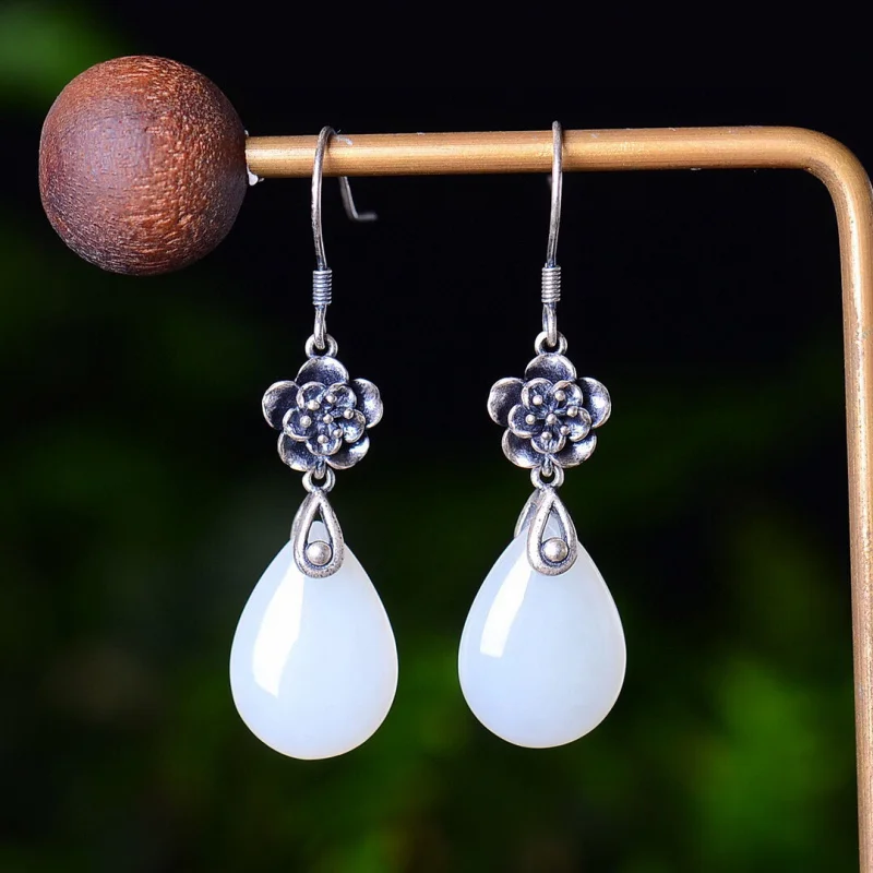 

S925 Серебряные серьги из нефрита Хэтянь Цветочные женские серьги