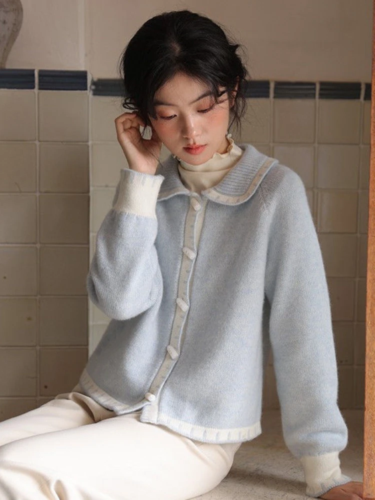 Korobov Milk Blue Horn Button Cardigan Women Winter Temperament Sweater New Loose Lazy Gentle Doll Collar Knitwears Coat