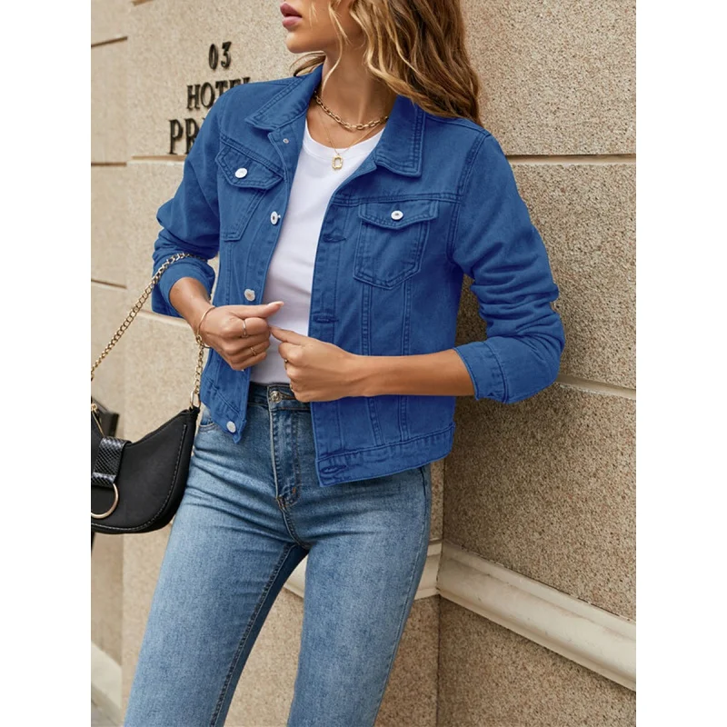 Tops Coats Women Denim Jackets Female Casual Long Sleeve Lapel Solid Button Down Chest Pocket Slim Jean Jacket Fall Winter Coat