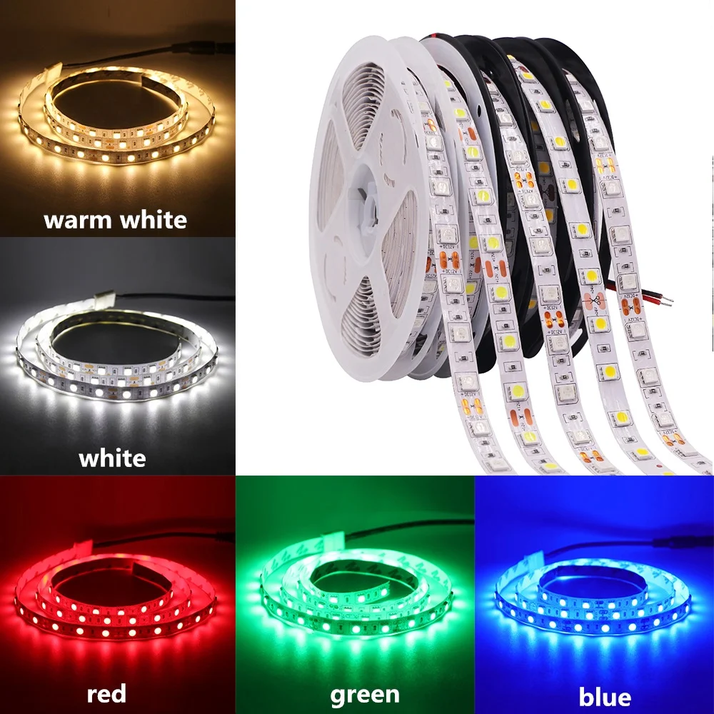 แถบนีออน LED DC 12V SMD 2835 5050 60LED/ม. 1ม. 2ม. 3M 4ม. 5ม. ไม่กันน้ำ IP20สีขาวน้ำเงินแดงเหลืองยืดหยุ่น