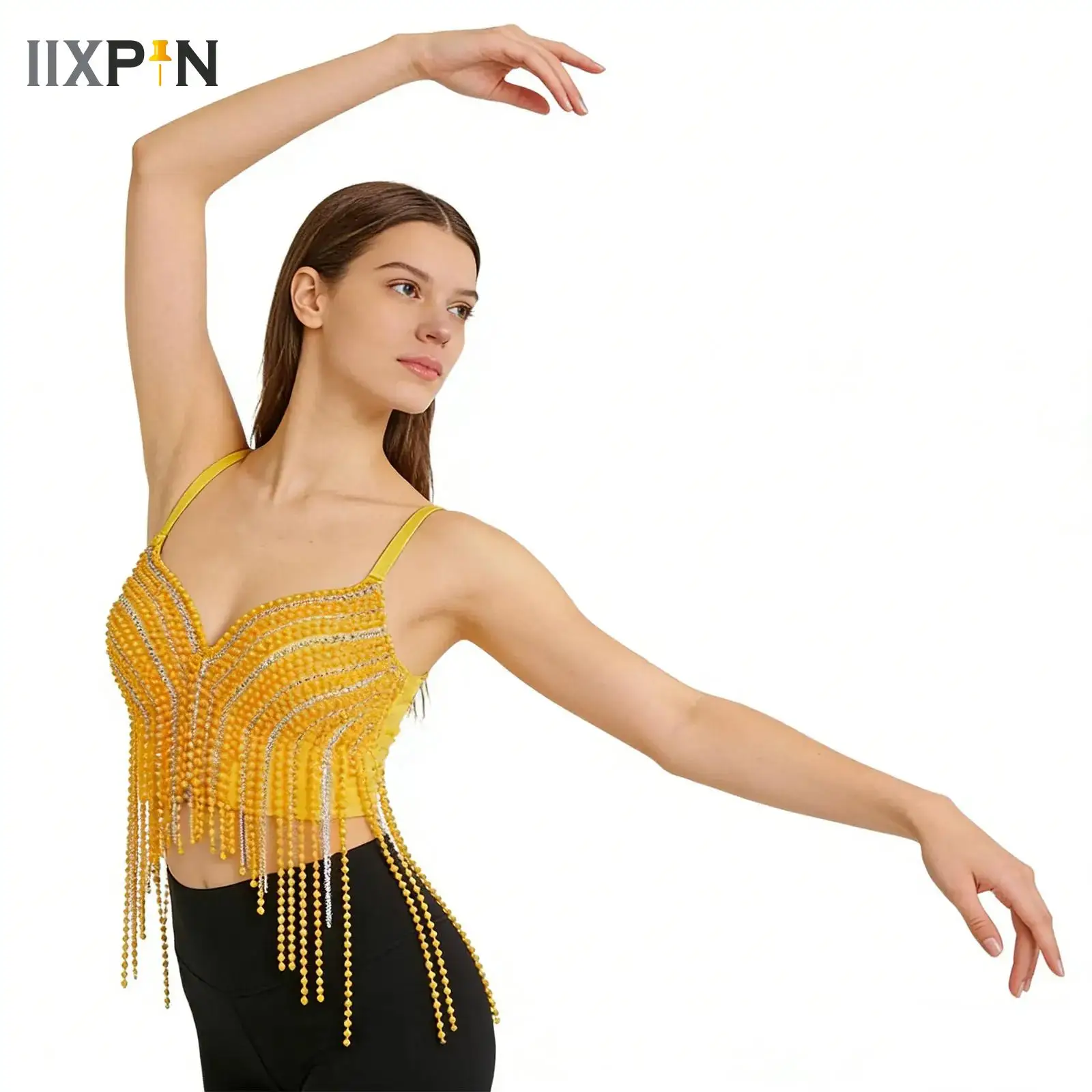 

Womens Belly Dance Tops Music Festival Party Clubwear Rhinestones Plastic Beads Tassel Bra Halloween Stage Performance Costumes