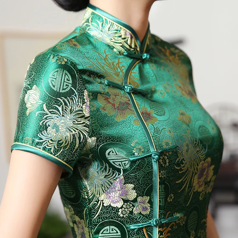 

Сексуальное платье Cheongsam с воротником-стойкой, зеленое парчовое атласное платье Ципао с высоким разрезом, восточные свадебные платья, вечернее платье