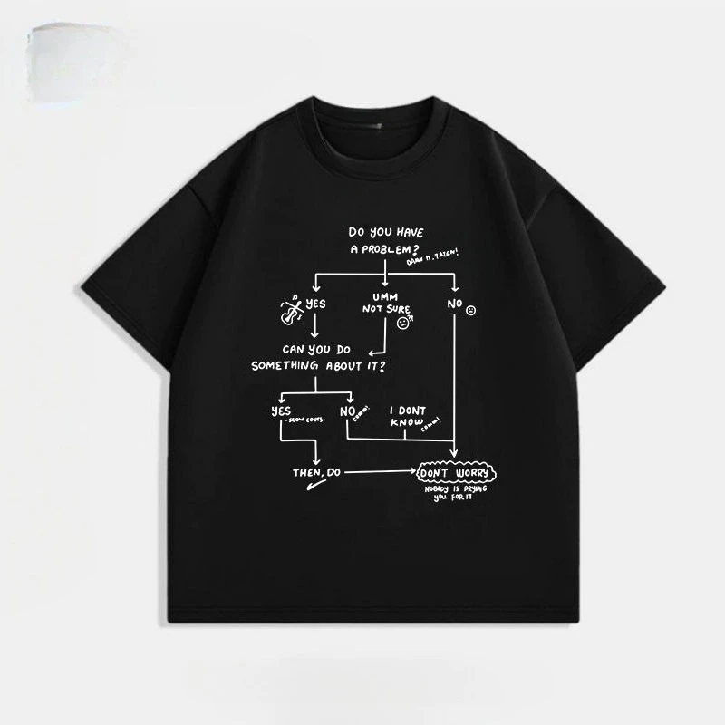Funny Problem Flowchart Text T Shirt Life Advice Graphic Cotton Crew Neck Short Sleeve Unisex Oversized Relaxed Streetwear Tees