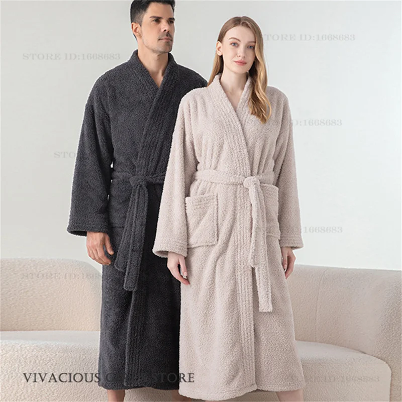 

Autumn Winter New Coral Fleece Long Robe Kimono Bathrobe Gown Thicken Warm Couple Sleepwear Home Clothes Casual Flannel Pajama