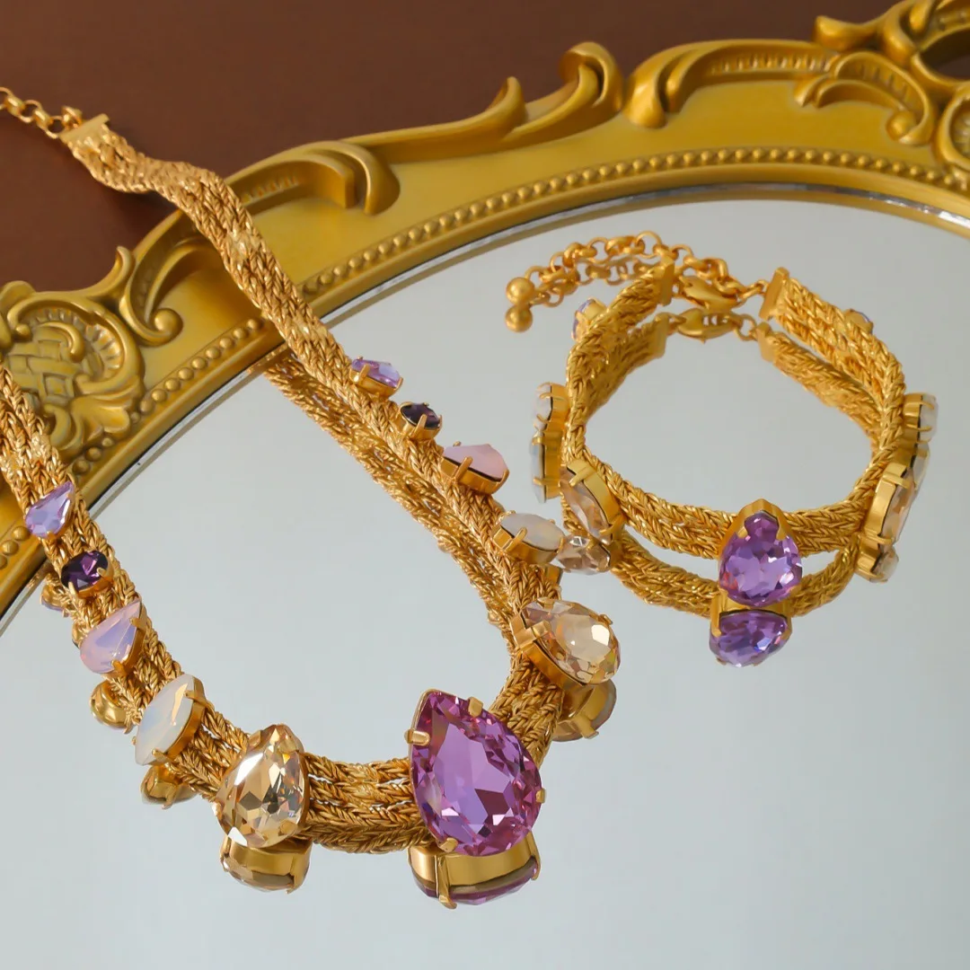

Statement Jewelry Set Textured Woven Chain Necklace Bracelet with Violet Drop Accents for Retro Glam Party or Banquet Styling