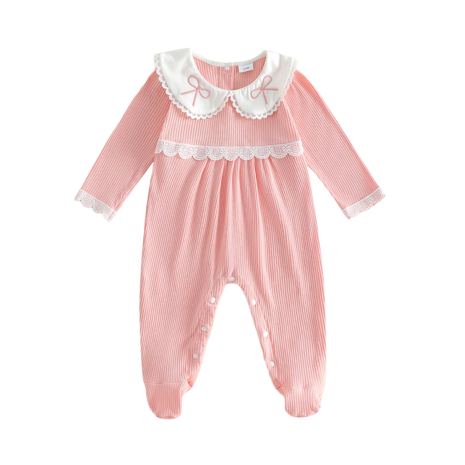 Baby Girls Ribbed Footed Romper Lace Trim Bow Embroidery Doll Collar Long Sleeve Jumpsuits for Newborn Infant