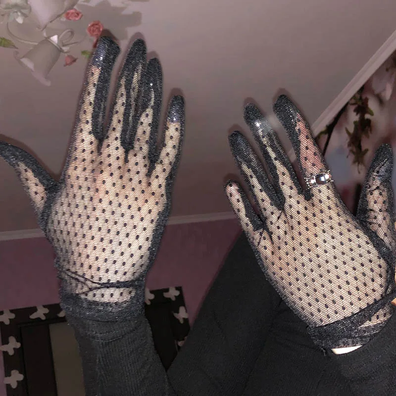 1 par de guantes elegantes Vintage para mujer, guantes de encaje con dedos completos, etiqueta corta de tul, manoplas elásticas negras transparentes