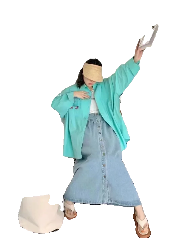 تنورة ميدي نسائية بخصر عالٍ وقصة A-line، بتصميم ريترو مغسول، بزر واحد، فضفاضة، مطوية، بتصميم مدمج، من الدنيم المطوي، عصرية، م...