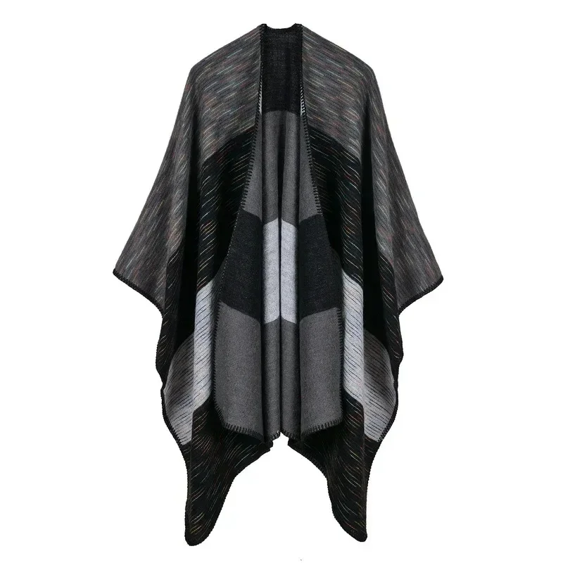 European Thickened Autumn Winter Rainbow Wide Strip Dual-purpose Shawl Warm Imitation Cashmere Shawl Cape Ponchos Black