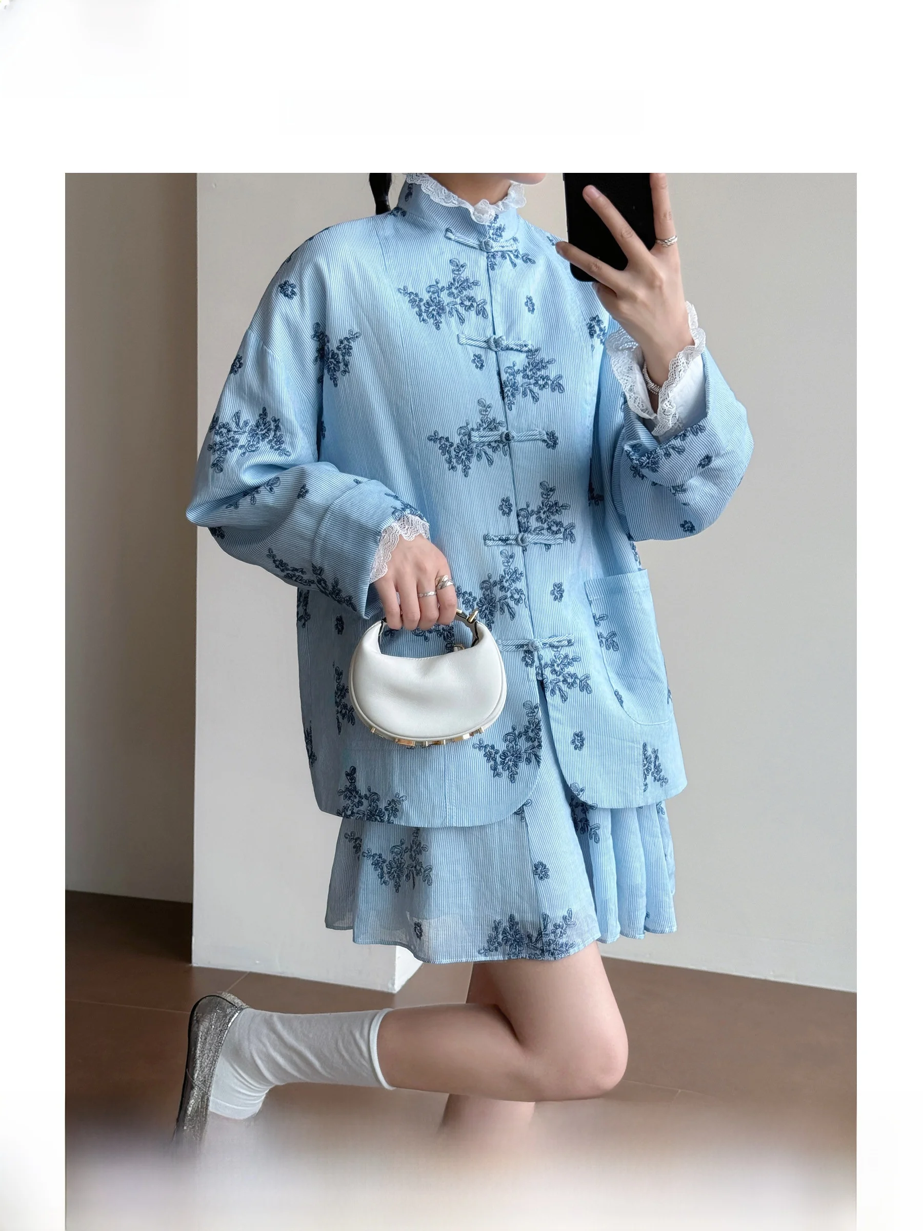 

New TasyaVan Embroidered Linen Shirt And Half Skirt Set Chinese Style Button up Women's Fashion Spring Collection Slim Fit