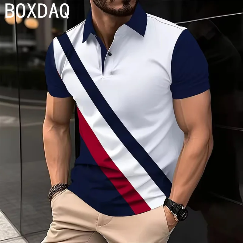 Camisa Polo Casual Masculina 3D Clássica com Listras Impressas, Camisa Polo de Verão com Manga Curta e Gola, Moda de Rua Masculina