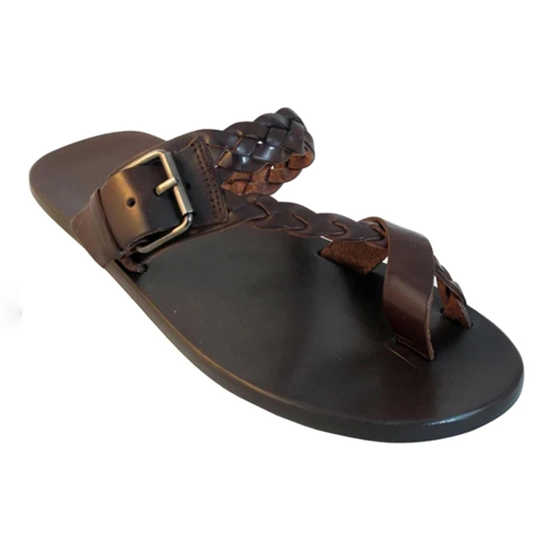 Men Flat Roman Sandals Black Brown Retro Beach Casual Sandals Open Toe Woven Leather Sandals Female Summer Footwear Plus Size