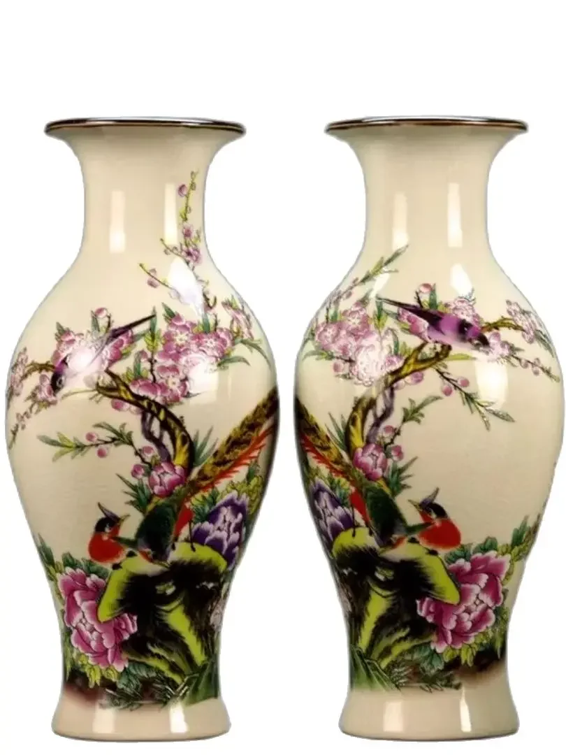 Jingdezhen Pink Colored Flower and Bird Rich and Noble Picture Fish Tail Vase Retro Ceramic Home Decoration Ornaments