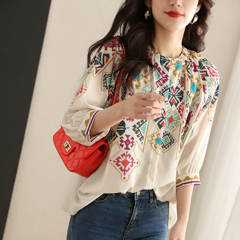 2024 Spring Summer Women Tops Fashion 3/4 Sleeve Chiffon Blouse Round Neck Casual Loose Printed Tops