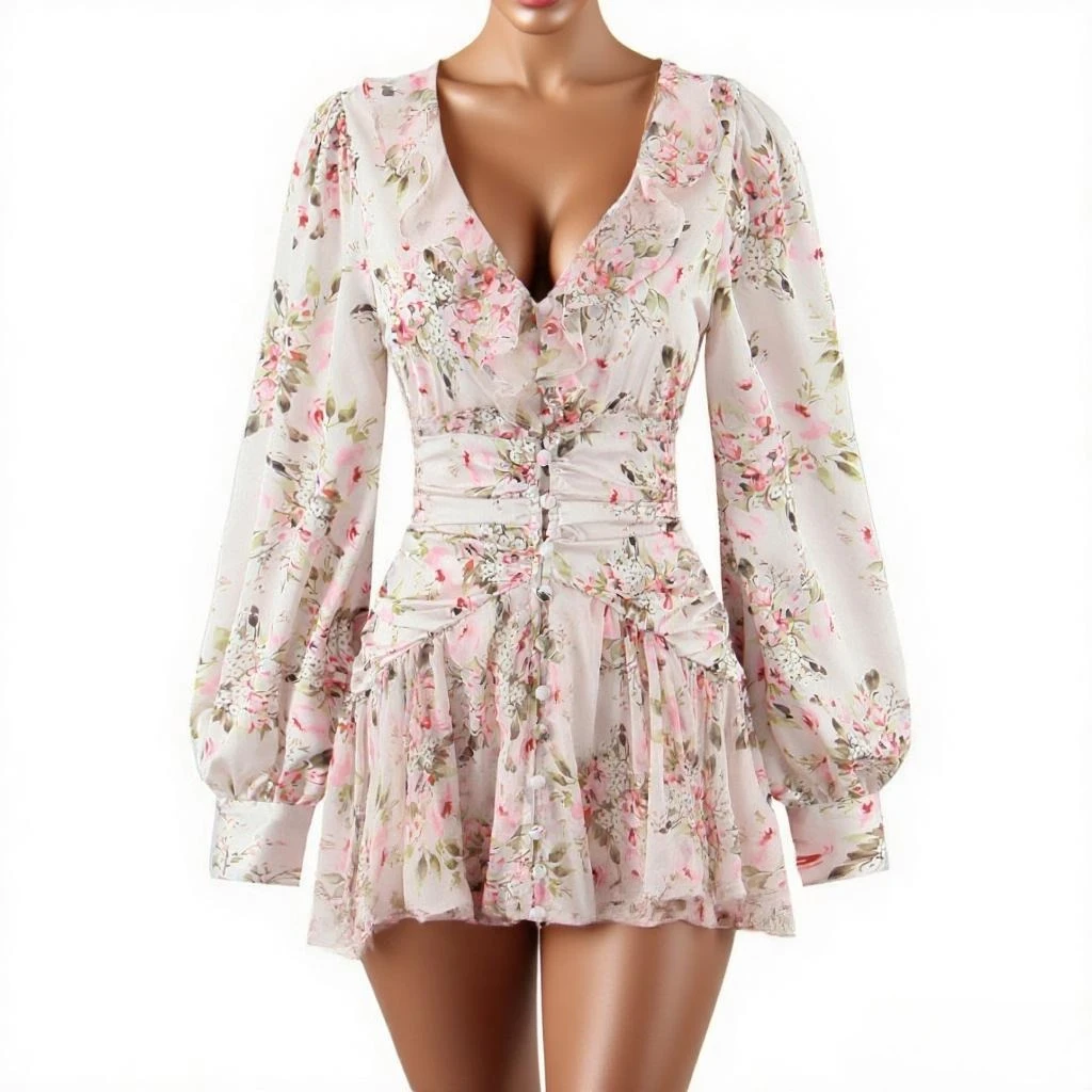 Suninheart European and American women's clothing floral lotus leaf trim pleated waist V-neck long-sleeved dress