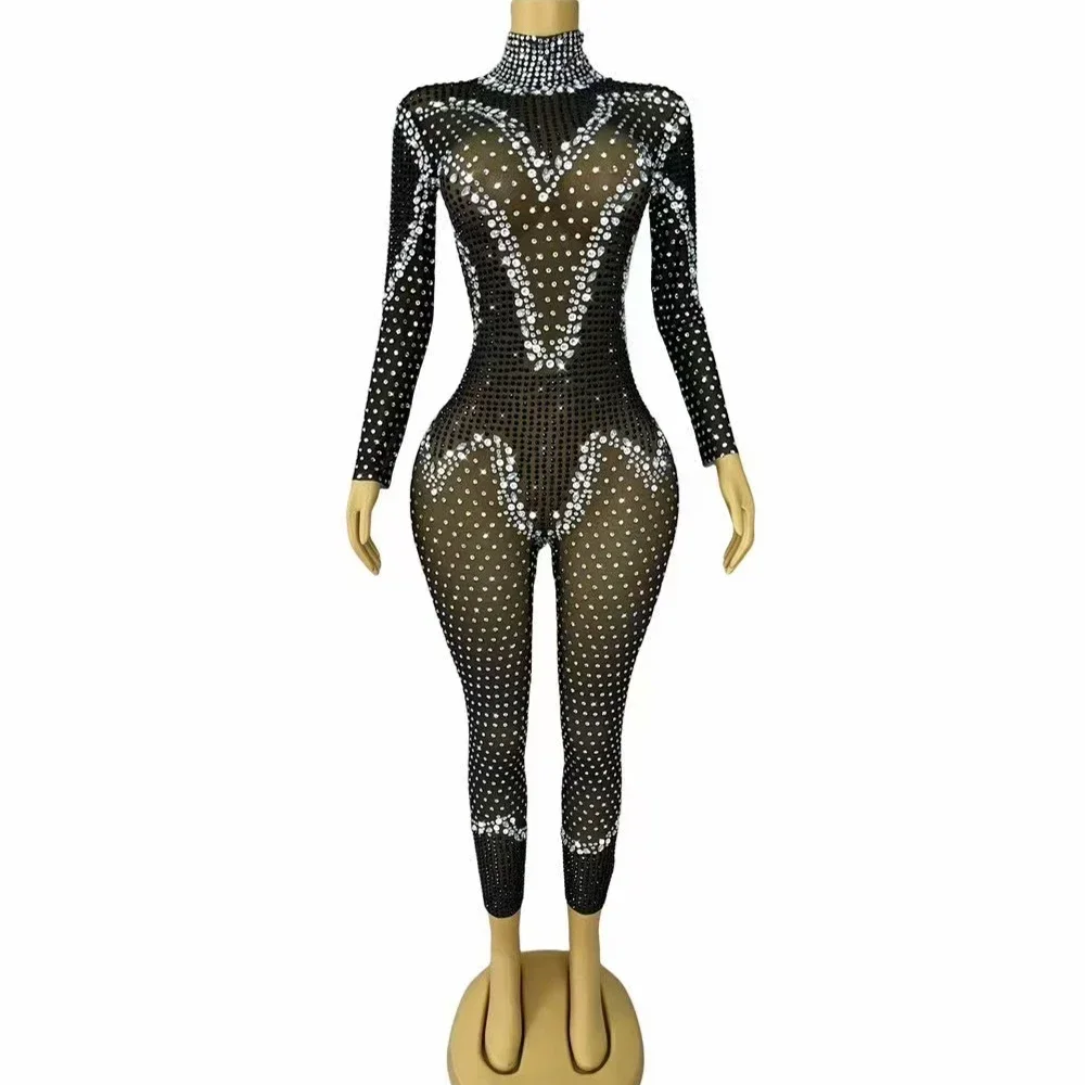 

Long Sleeves Mesh Jumpsuits Sexy Sparkly Rhinestones Perform Costume Birthday Singer Party Show Photoshoot Outfit Club Vestido