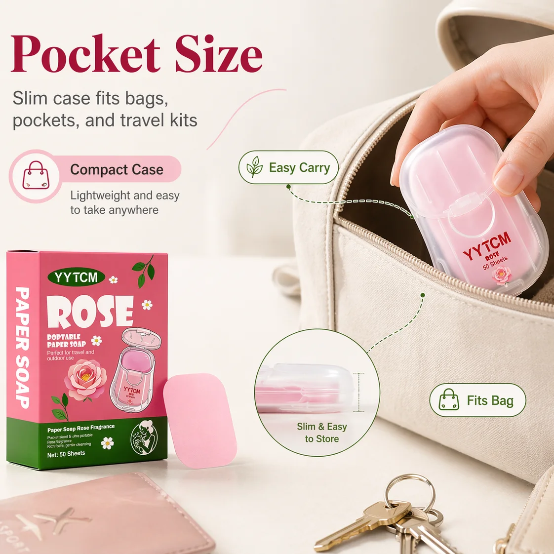YYTCM Rose Scent Portable Paper Soap 50 Pieces Boxed Disposable Hand Washing Soap Sheets for Travel Outdoor Cleaning