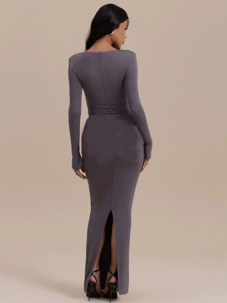 JULISSA MO Elegant Round Neck High Slit Ruched Women Maxi Dress Coffee Long Sleeve High Waist Autumn Skinny Party Evening Dress