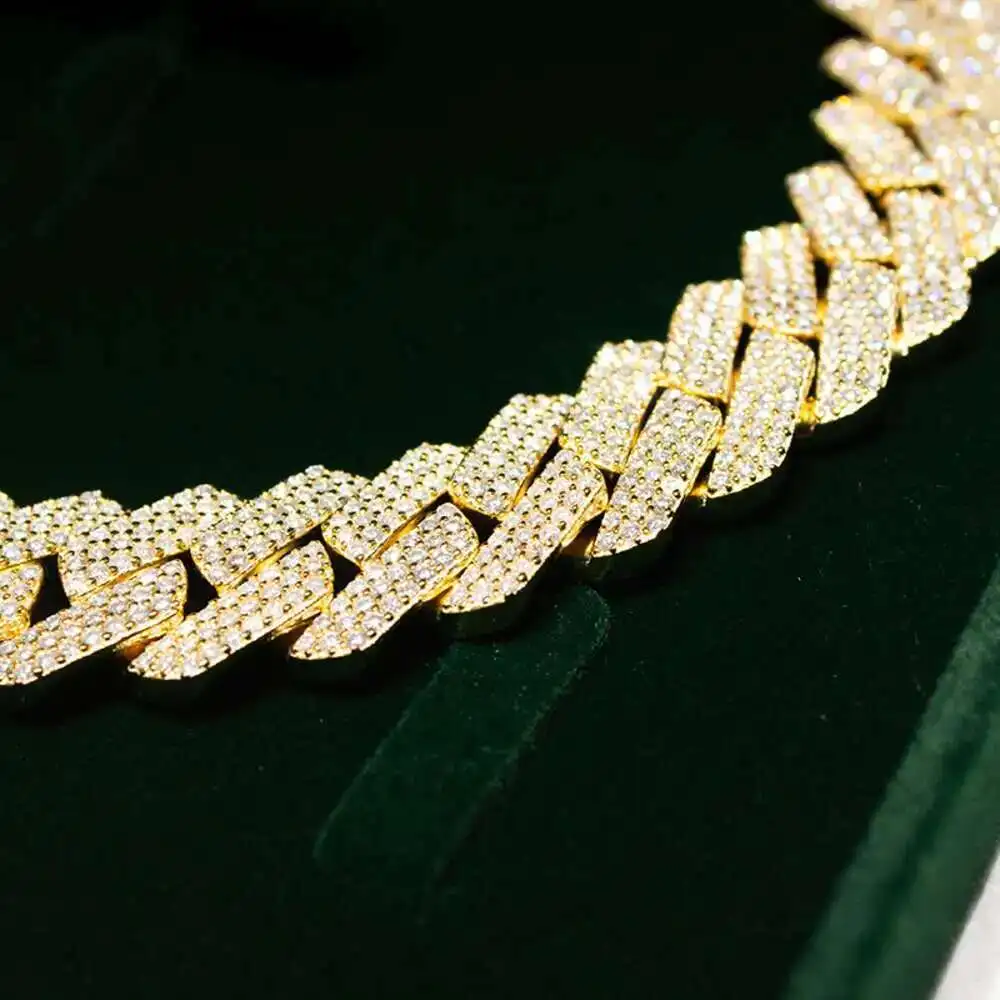 

Hip Hop Men Jewelry 925 Silver 18k Gold Plated 15mm 3 Rows Iced Vvs Moissanite Cuban Link Chains