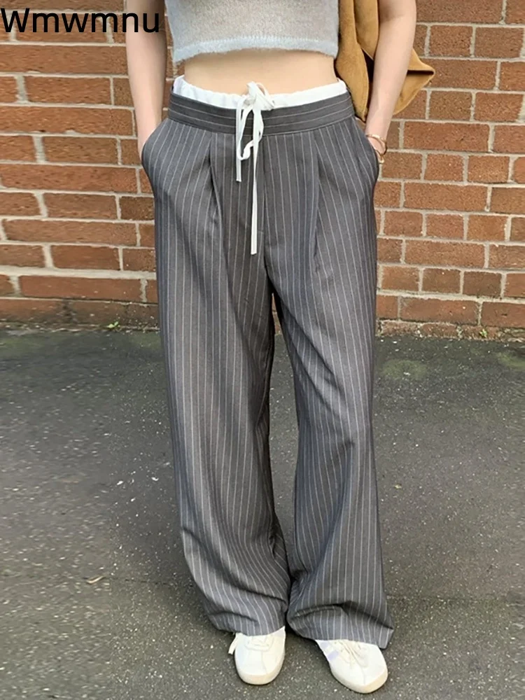 سراويل كلاسيكية مخططة مرقعة عالية الخصر برباط علوي موضة مستقيمة بنطلونات نسائية غير رسمية واسعة الساق فضفاضة Spodnie #1