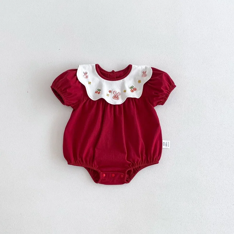 INS Summer Baby Girl Romper Short Sleeve Rabbit Embroidery Flower Collar Cotton Bodysuit Birthday Party One-Pieces Clothes