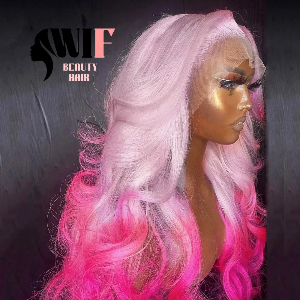 WIF Ombre Pink Wave Hair Synthetic Wig for Women Cosplay Used Body Wave Natural Hairline Lace Front Wigs Light Pink Root Hair