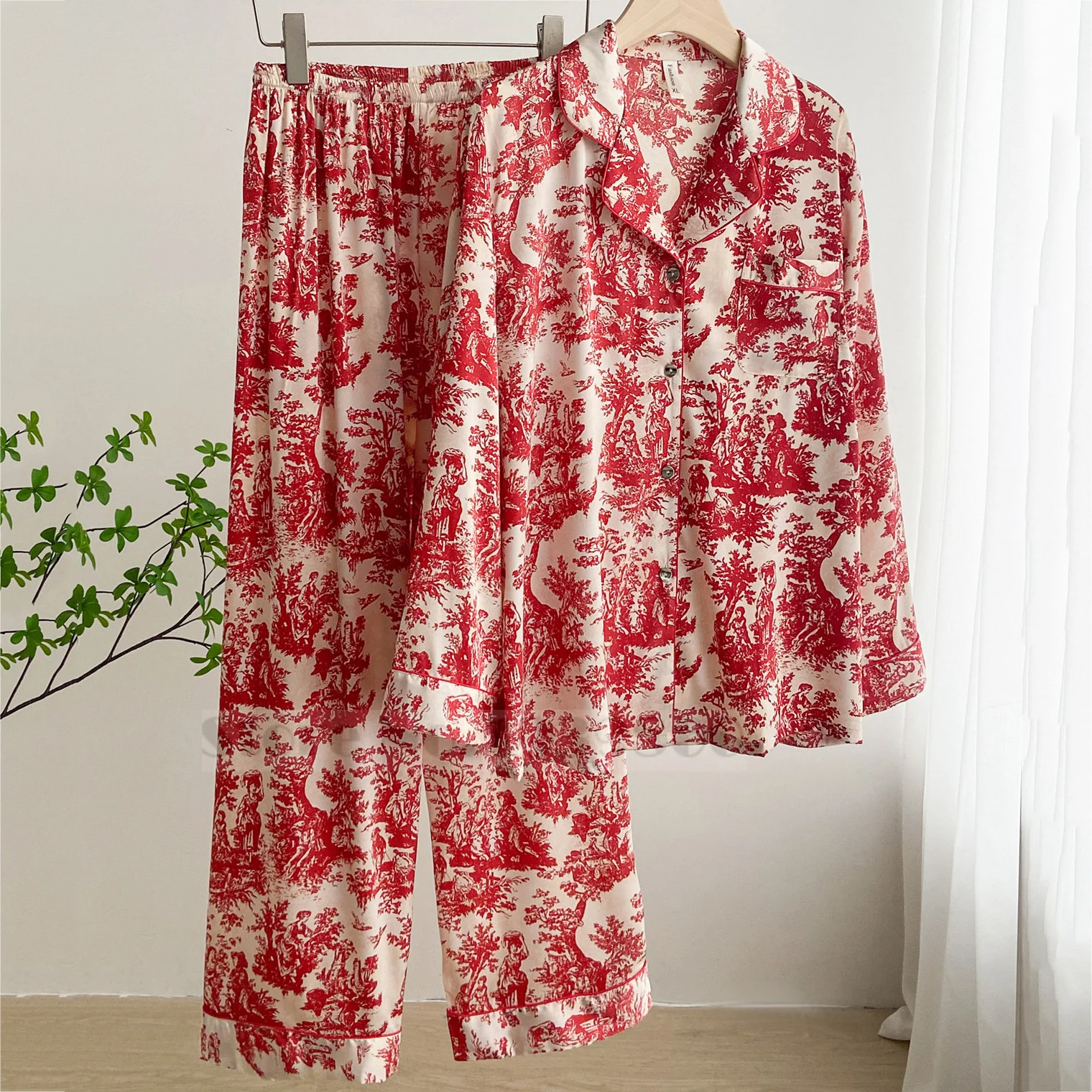 Fashion Print Flower 2PCS Pajamas Set Women Sleepwear Spring Summer Trouser Suits Lounge Wear Loose Satin Homewear Pijamas Suit