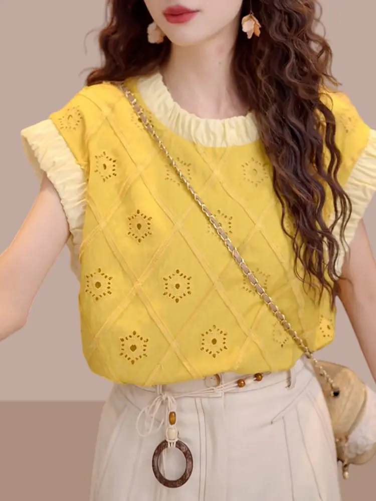 

Yellow round Ne Hollow out irt Women's 2026 New Summer High-End Color Blo Versatile Top Casual Sle Loose Fit ort Sl...