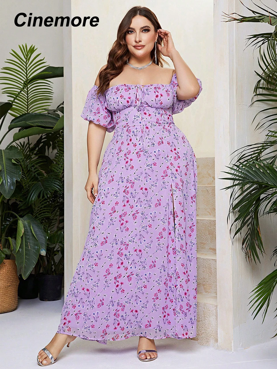 Cinemore Summer Women's Dress Plus Size Off Shoulder Sexy Floral Print Dress Split Hem Elegant Prom Long Dresses Puff Sleeve