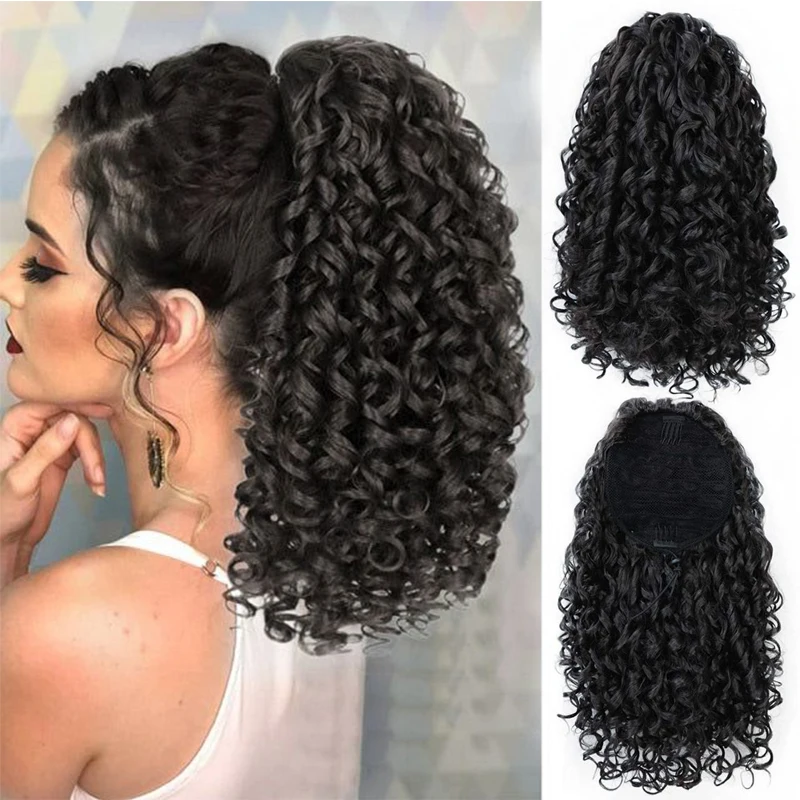 14\'\' Kinky Curly Ponytail Hair for Women Short Fluffy Curly Drawstring Ponytail Natural Synthetic Afro Curly Fake Tail Hairpiece