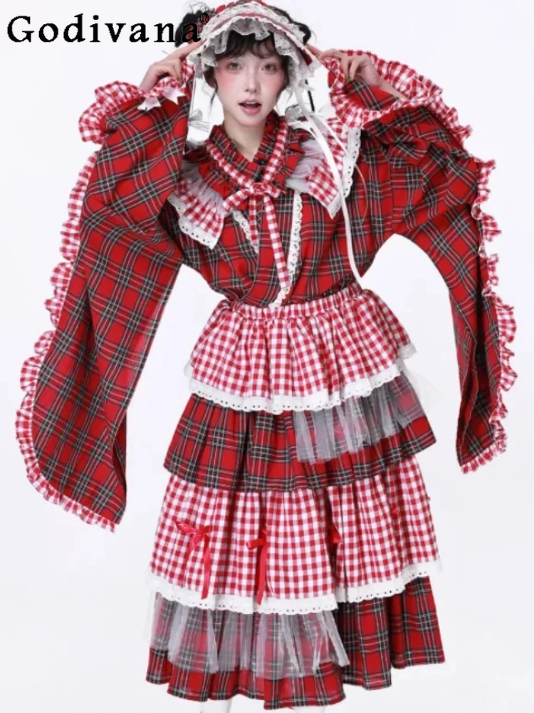 Japanese Chic Ruffles Sweet Girl Elastic Waist Loose Heavy Industry Skirt Spring Autumn Fashion Retro Cute Red Plaid Cake Skirts