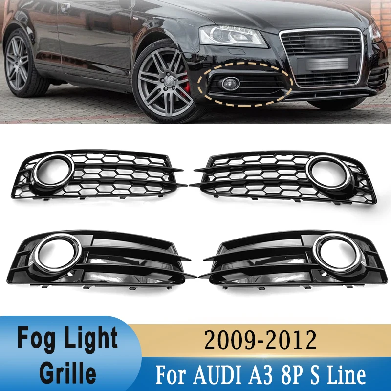 Front Bumper Lower Fog Light Cover Grille Frame Bezel Honeycomb Chrome Ring for Audi A3 8P S-Line 2009-2012 8P0807682 8P0807681
