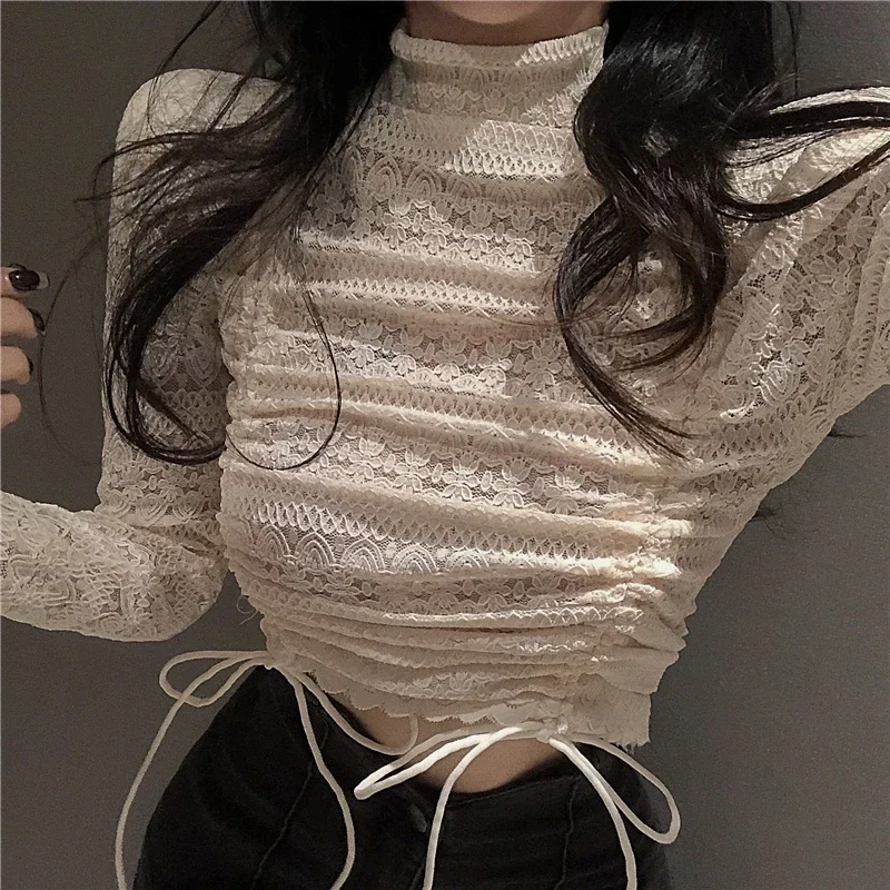 OCEANLOVE Turtleneck Lace Blouses Femme Solid Hollow Out Sexy Short Ropa Mujer Korean Fashion Autumn Winter Blusas Feminina