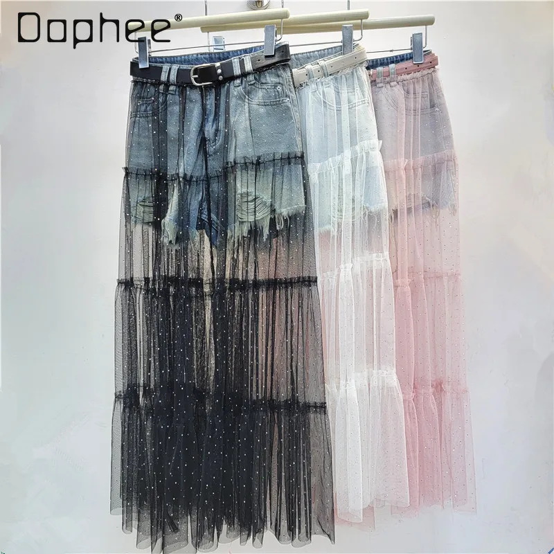 

European Goods Mesh Skirt Women 2025 Summer New Hot Diamond Splicing Mesh Splicing Denim Shorts Medium and Long Skirt
