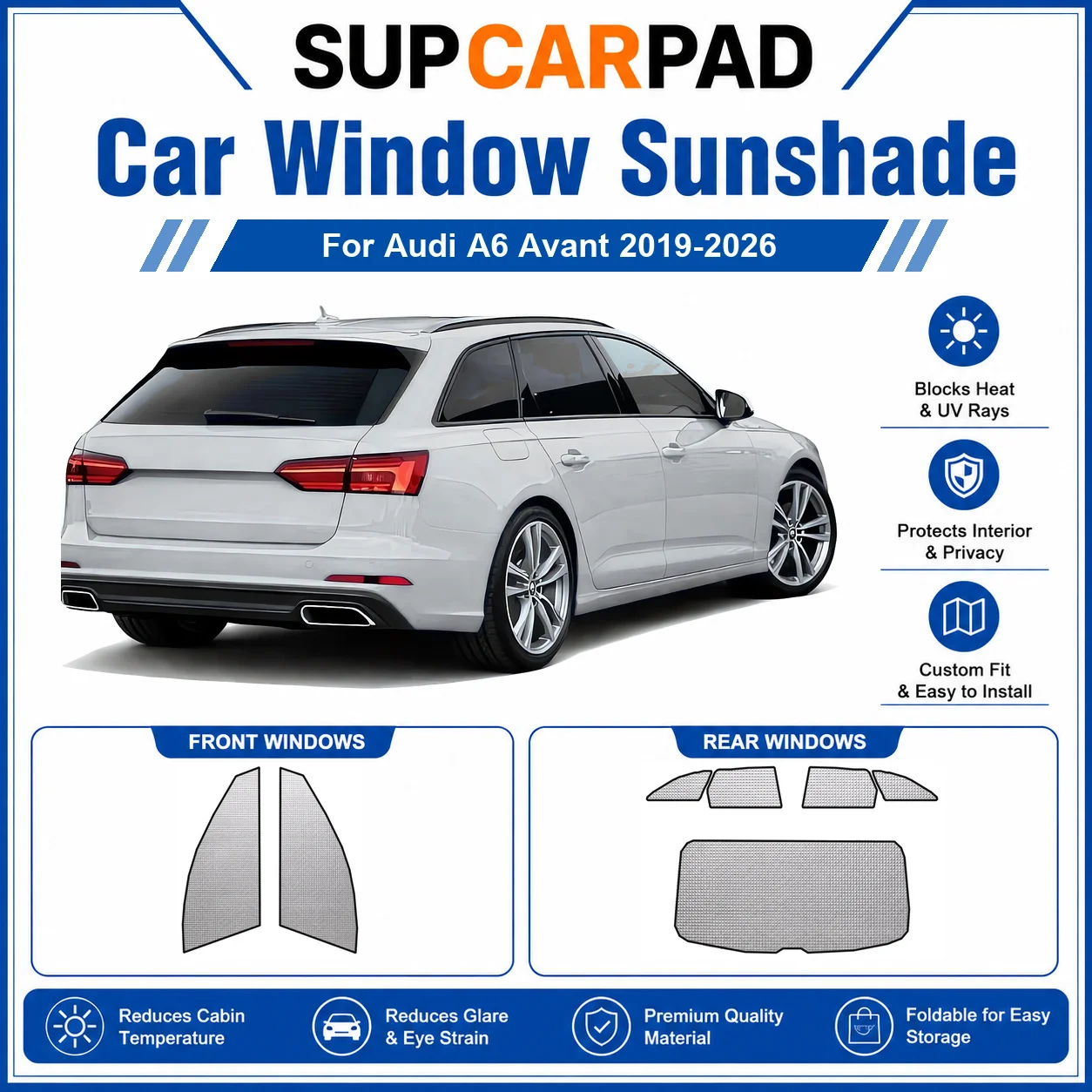 Pour Audi - Audi A6 Avant 2019-2026 - Ensemble complet de pare-soleil pour vitres de voiture - Protection UV - Isolation thermique - Rideau de voiture pliable