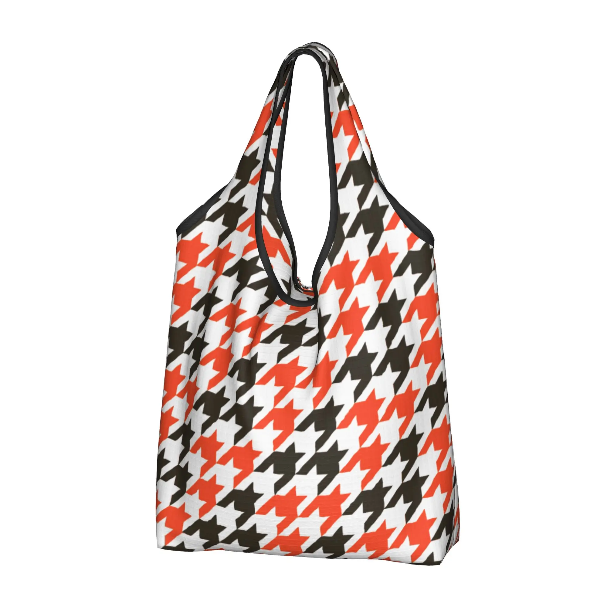 Recycling Houndstooth in Cleveland Browns Colors  Shopping Bag Women Tote Bag Portable Checkered Grocery Shopper Bags