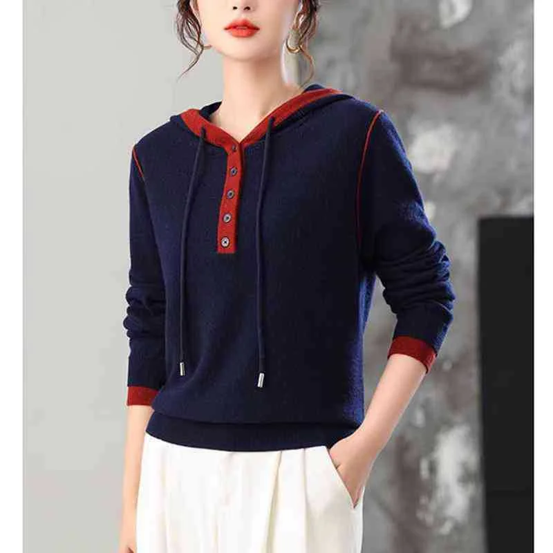 女性の春秋の新ファッションニットセーターフード付きカラーブロックファッションカジュアル多用途ルーズベースレイヤートップ