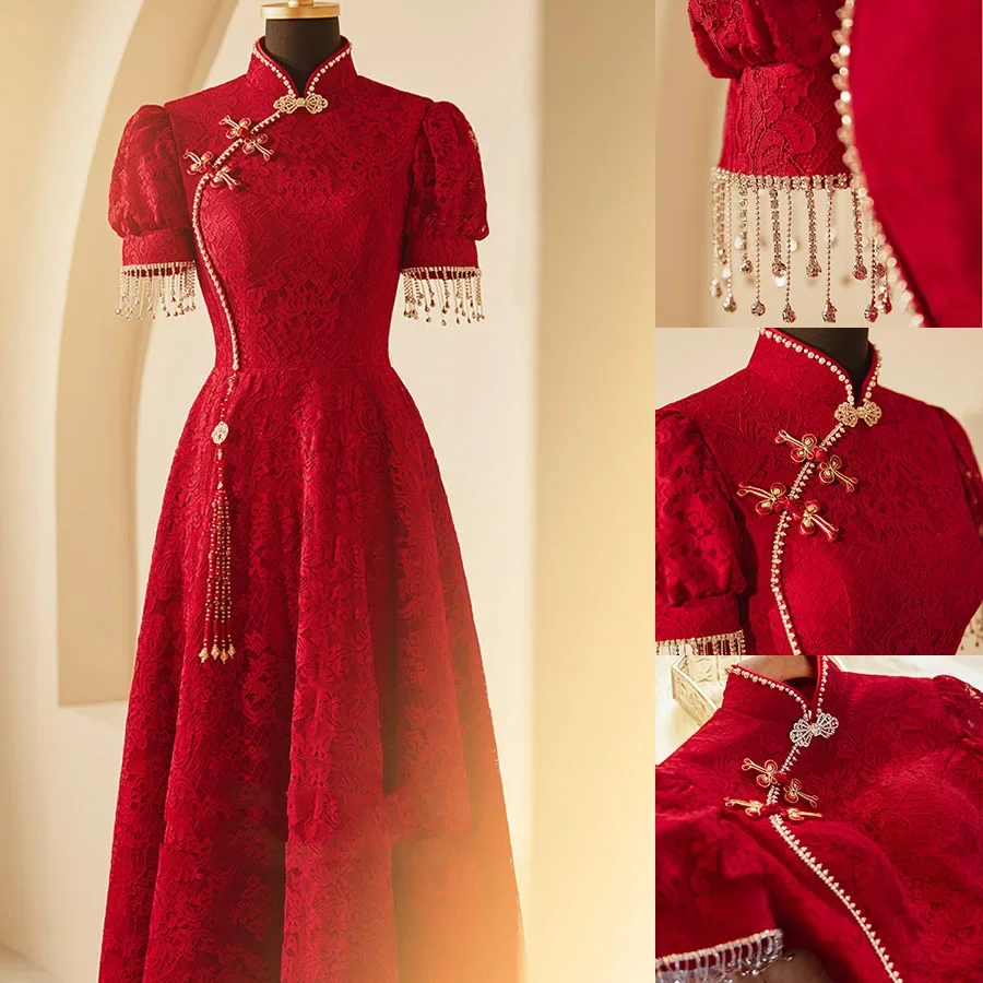 

Кружевное китайское свадебное платье невесты Cheongsam со стразами и кисточками и бусинами, вечернее платье Qipao, классическое вечернее платье трапециевидной формы