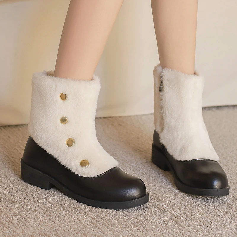 

YQBTDL 2026 Winter Snow Boots Round Toe Thick Heel 3.5cm Decoration Daily Women Shoes Plus Size 45 46