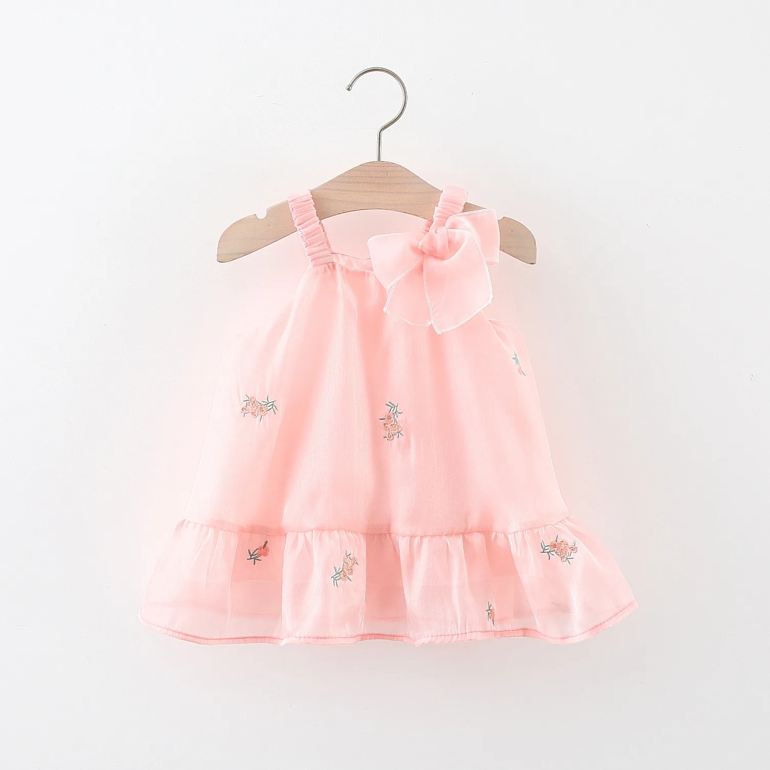 Summer Girl Baby Dress Girl Embroidered Flower Hem Tie up Bowtie Chiffon Suspended Princess Dress