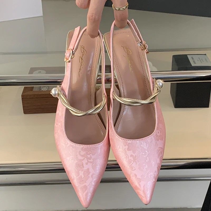 Slingbacks Pumps Women Heels Fashion Footwear Sandals Shoes For Female Pink Pointed Toe Ladies Buckle Strap High Heels Shoes